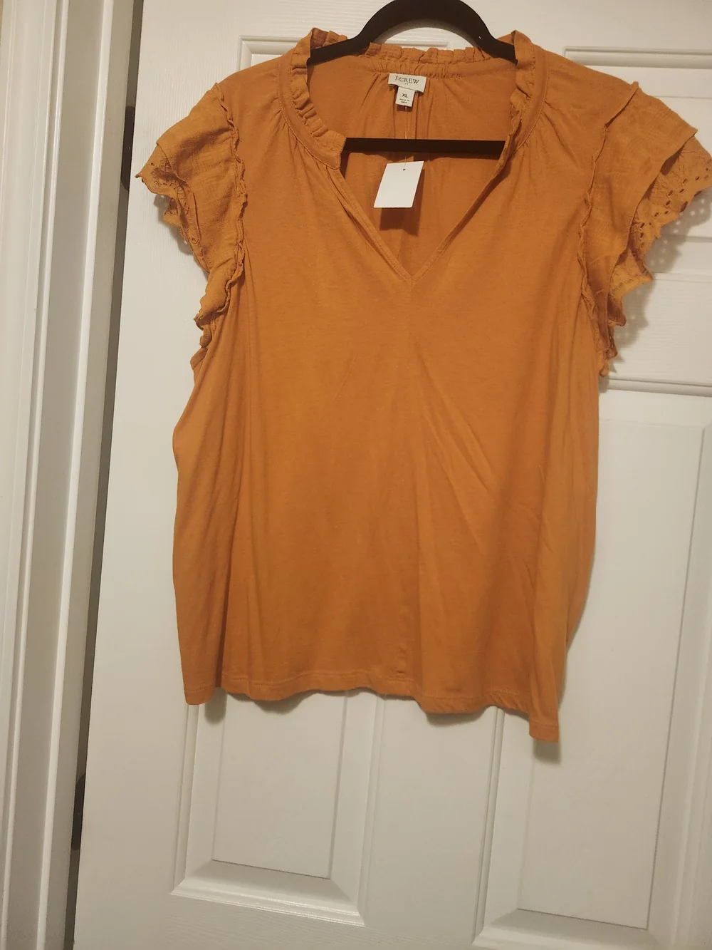 J. Crew Rust-Orange Ruffle Sleeve V-Neck Top